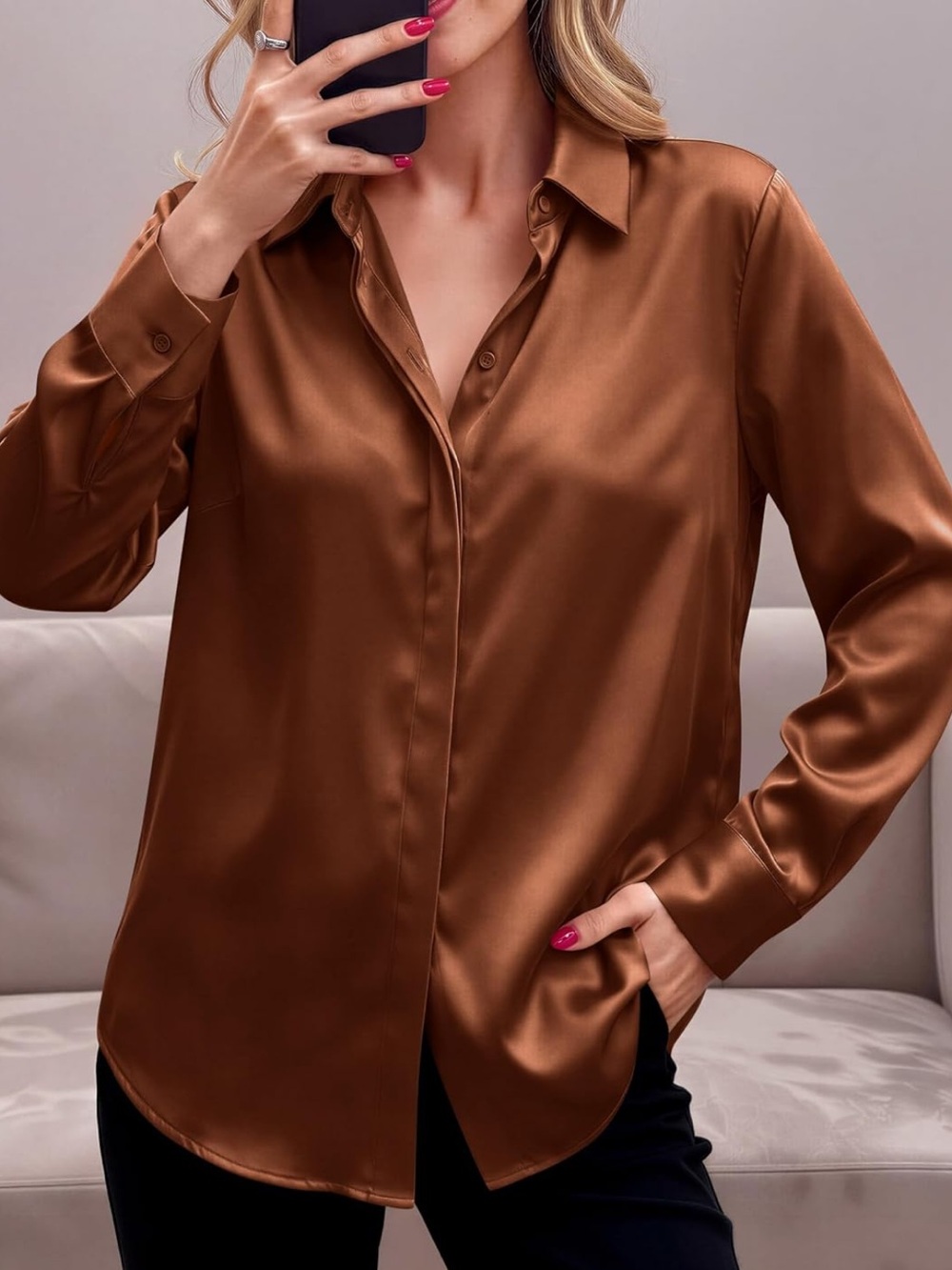 zeagoo Satin Button-Down Blouse in Copper Brown - Picture 6 of 6